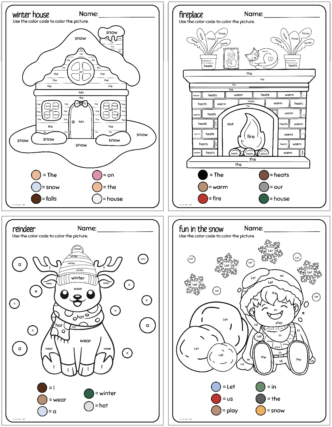 free printable winter colorsight word worksheets - the artisan